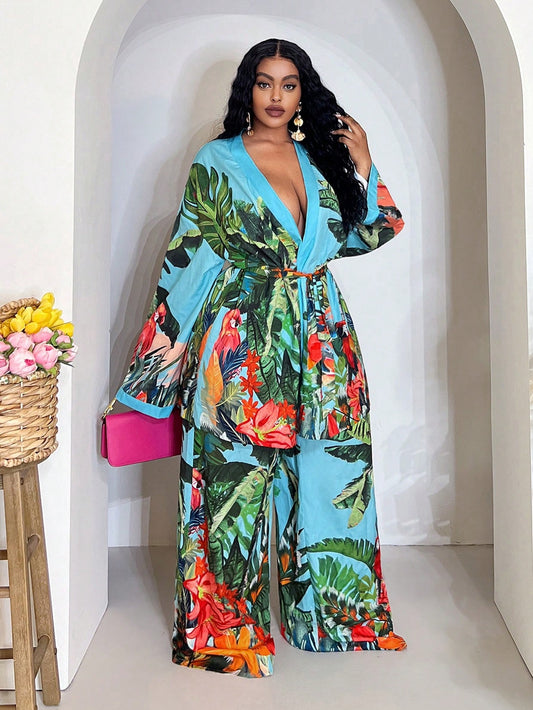 Veslaya 2025 Spring/Summer New Arrival Music Festival, Easter, Western, Boho, Nashville, Birthday Party, Graduation, Student, Daily Casual, Versatile, Leisure, Vacation, Cruise, Beach, Sunbathing Leisure Vacation Blue-Green Long Sleeve Cardigan. Tropical Flower & Plant Placement Print Loose Top/Elastic Waist Pants plus Size Women 2-Piece Set - A