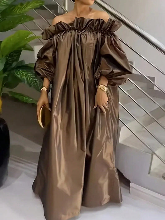 Goddess Style Elegant Solid Off-Shoulder Ruffle Lantern Sleeve Dress