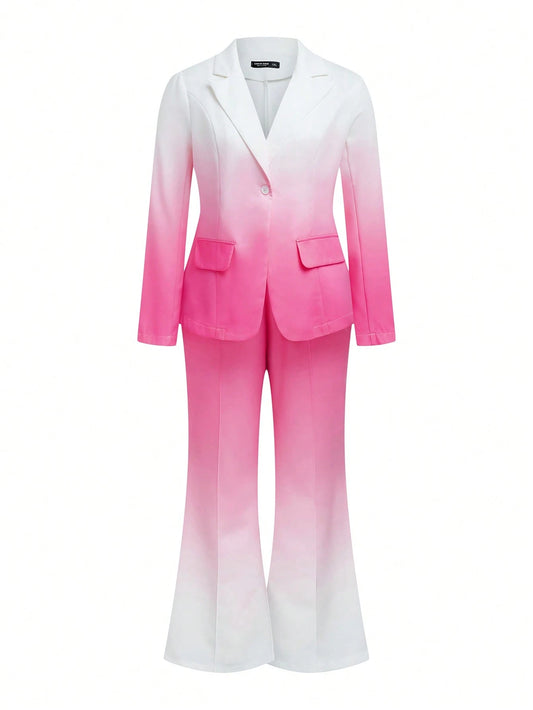 Clasi plus Size Women'S Decorative Bag Front Long Sleeve Blazer Jacket with Elasticized Waist, Hidden Zipper, and Flared Pants Suit Set, Professional for Daily Commute and Gatherings