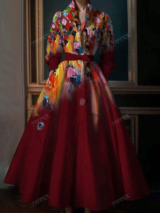 Elegant Floral Painting Print Long Sleeve Dress