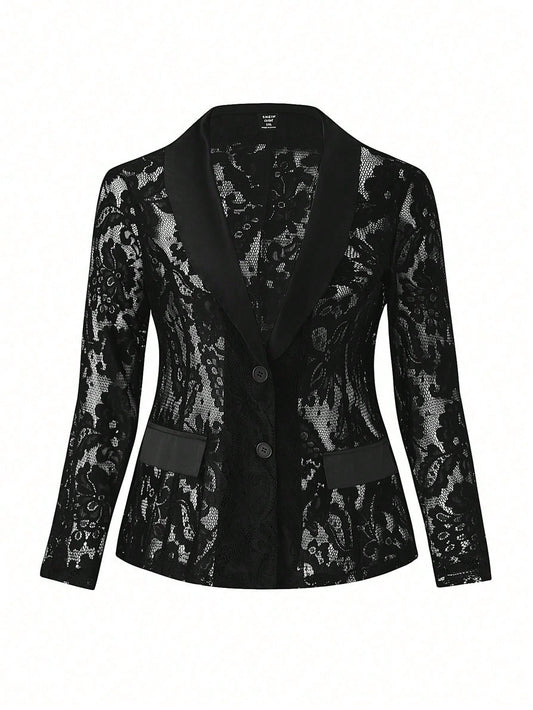 Allurite plus Size Women'S Shawl Collar Lace Blazer Jacket
